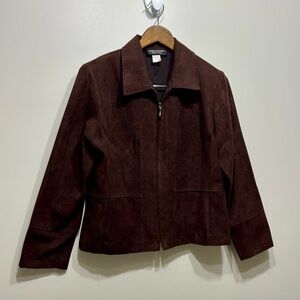 Soft Works Petites Vintage Suede Zip Up Long Sleeve Jacket Suit Top Brown
